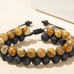 Natural Drawing Stone & Black Lava Rock Double Stacked Braided Beaded Bracelet